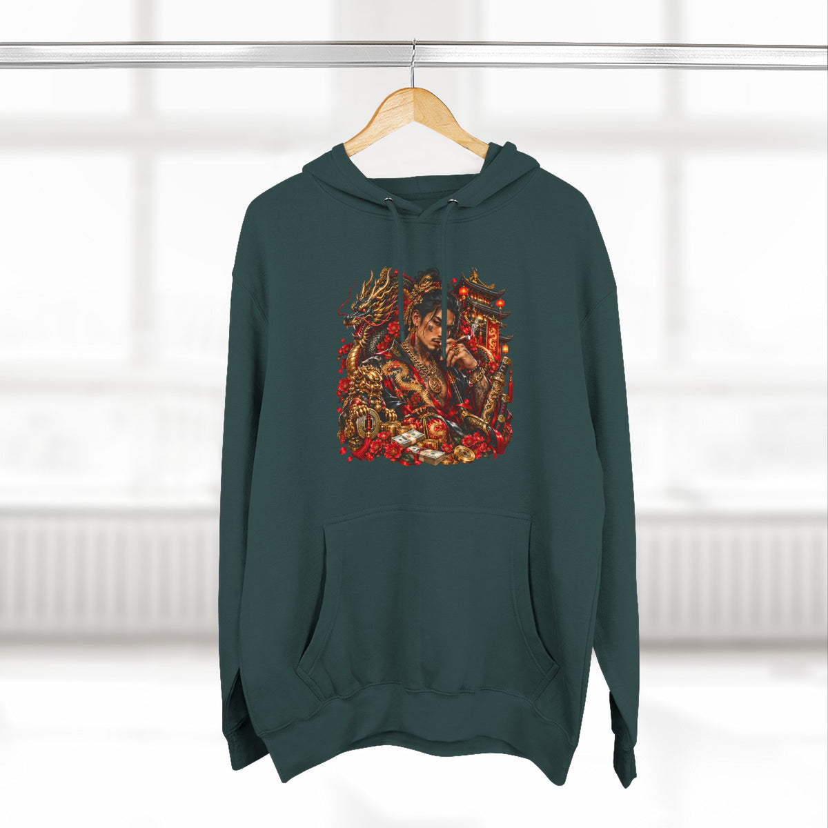 Dragon Battle Hoodie — Three-Panel Fleece Hooded Sweatshirt with Fiery Fantasy Artwork