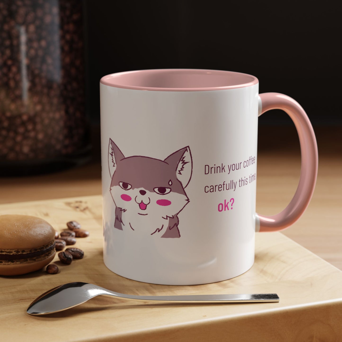 Accent Coffee Mug — Cute Shy Fox Design "Drink your coffee carefully this time, ok?"
