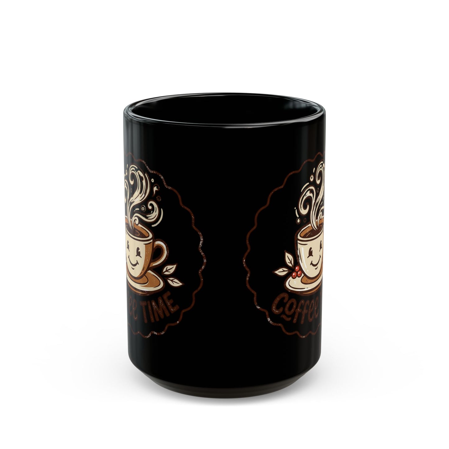 Coffee Time Black Mug – Cute Smiling Coffee Cup Ceramic Mug (11oz, 15oz)