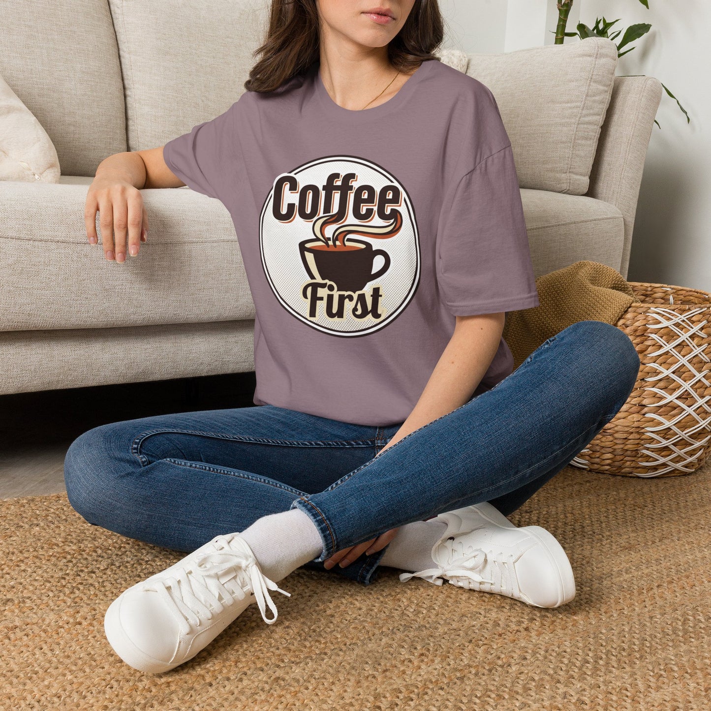 Coffee First T-Shirt — Retro Coffee Cup Graphic Tee for Coffee Lovers