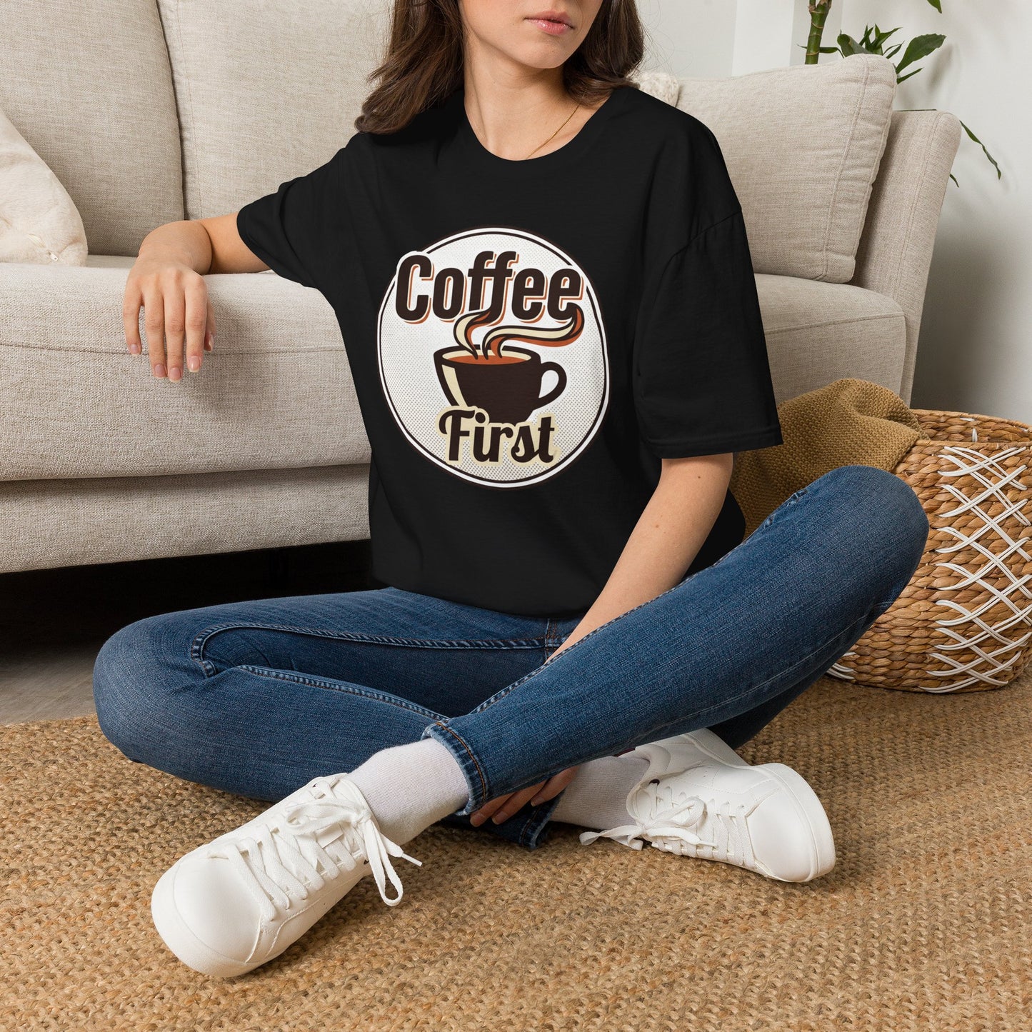 Coffee First T-Shirt — Retro Coffee Cup Graphic Tee for Coffee Lovers