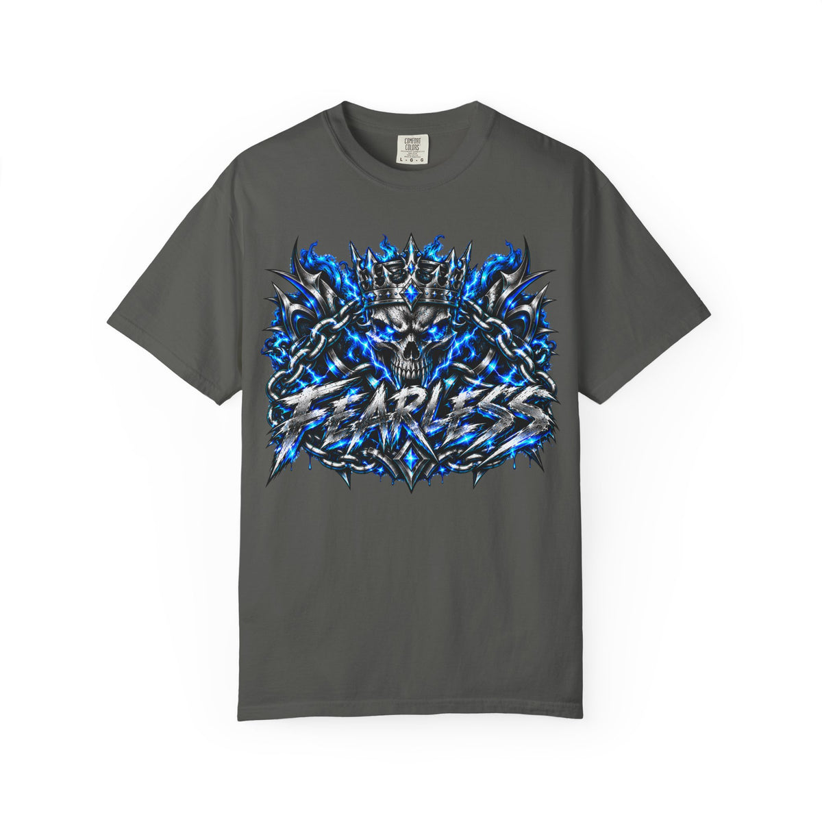 Skull Throne Graphic T-Shirt — Blue Lightning Heavy Metal Tee