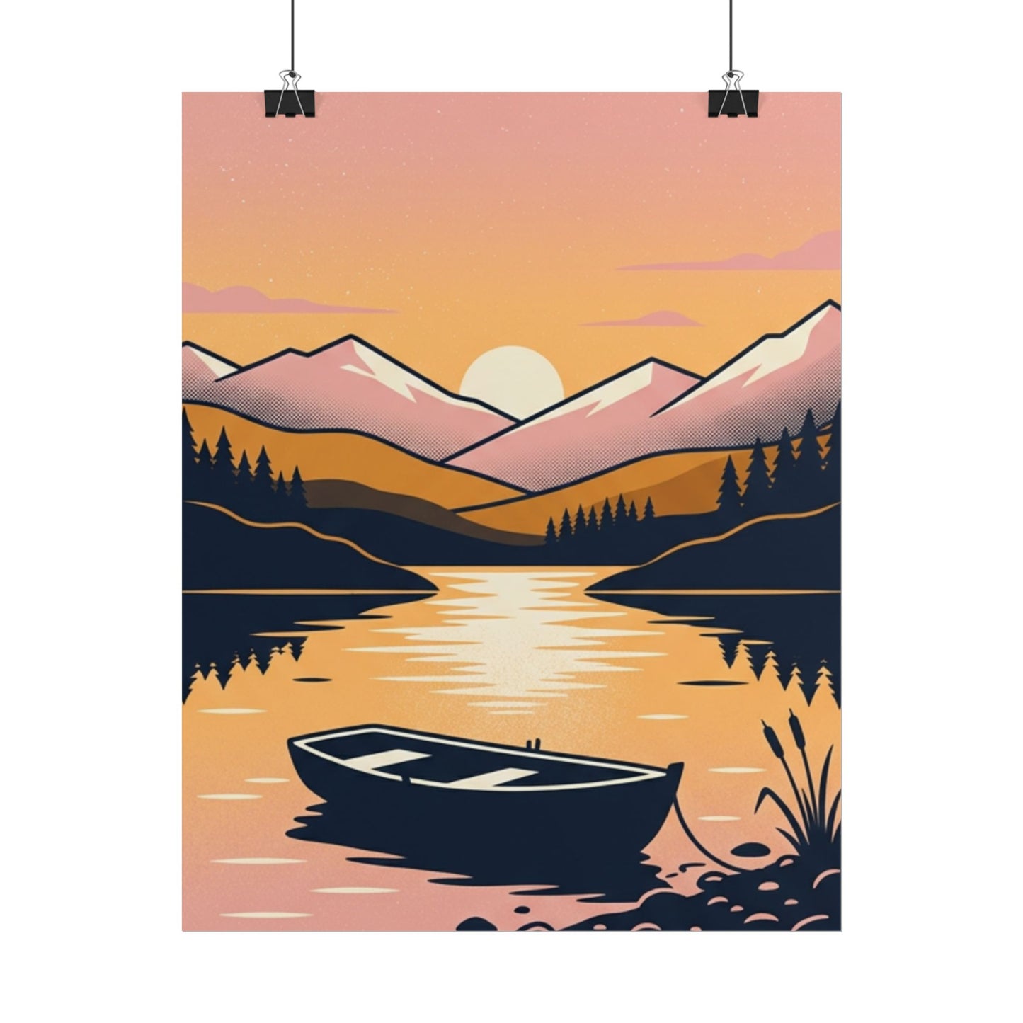 Sunset Lake Boat Poster — Scenic Mountain Landscape Wall Art