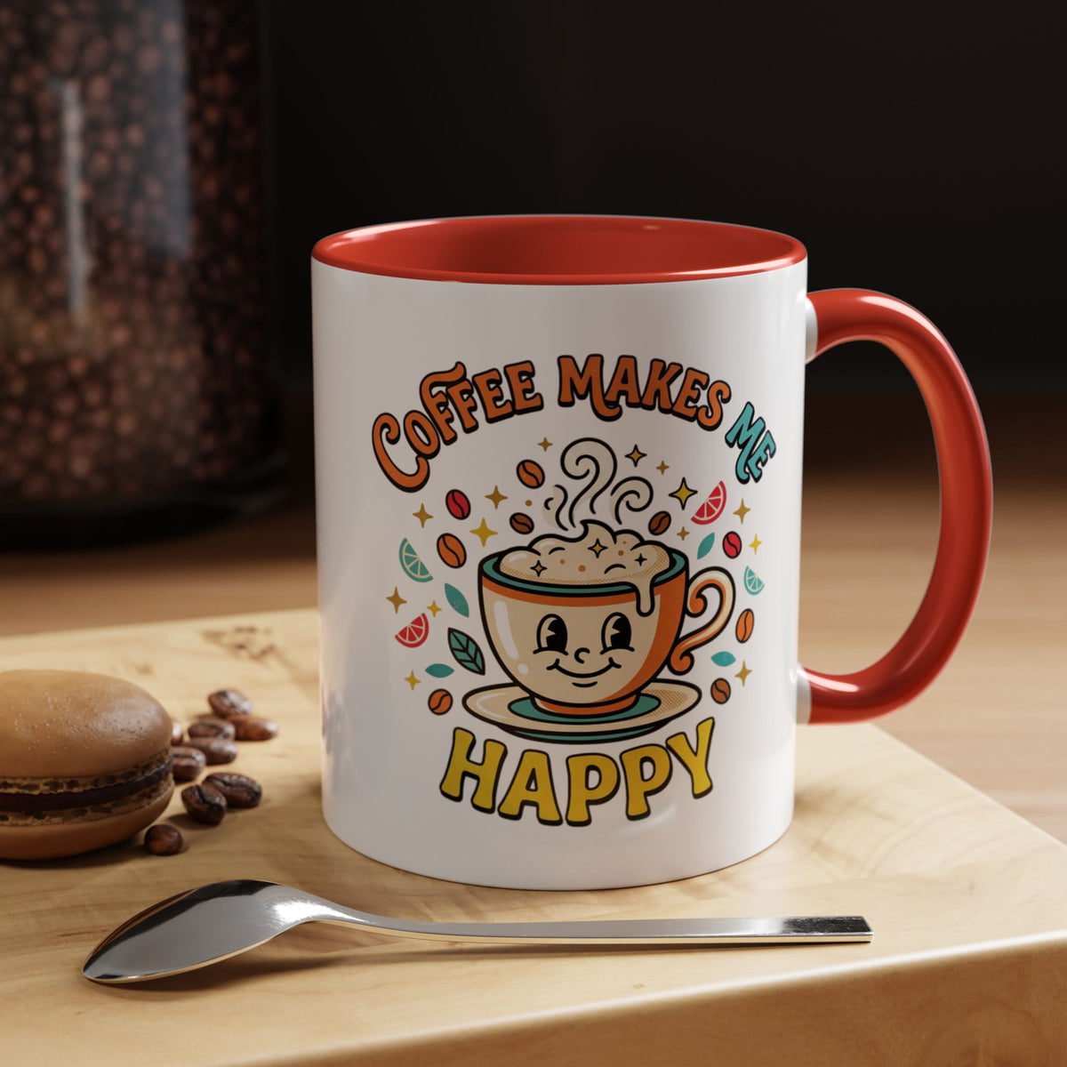 Coffee Mug — "Coffee Makes Me Happy" Cute Retro Accent Mug (11/15oz)
