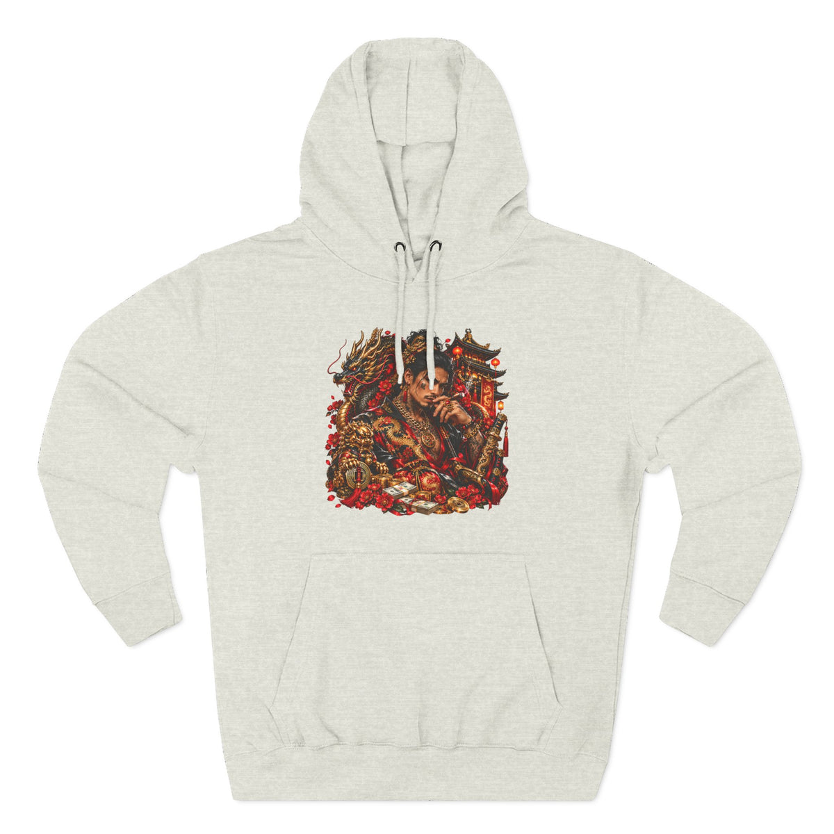 Dragon Battle Hoodie — Three-Panel Fleece Hooded Sweatshirt with Fiery Fantasy Artwork