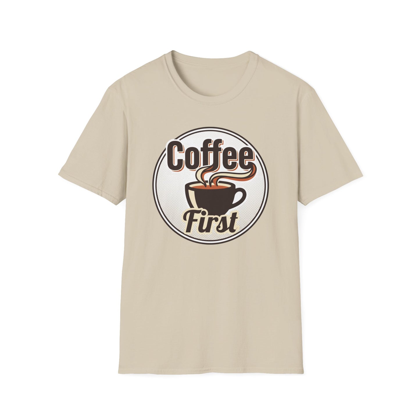 Coffee First T-Shirt — Retro Coffee Cup Graphic Tee for Coffee Lovers