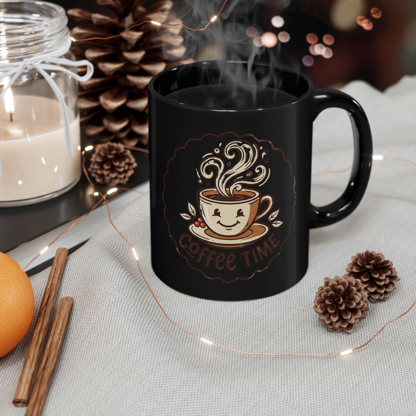Coffee Time Black Mug – Cute Smiling Coffee Cup Ceramic Mug (11oz, 15oz)