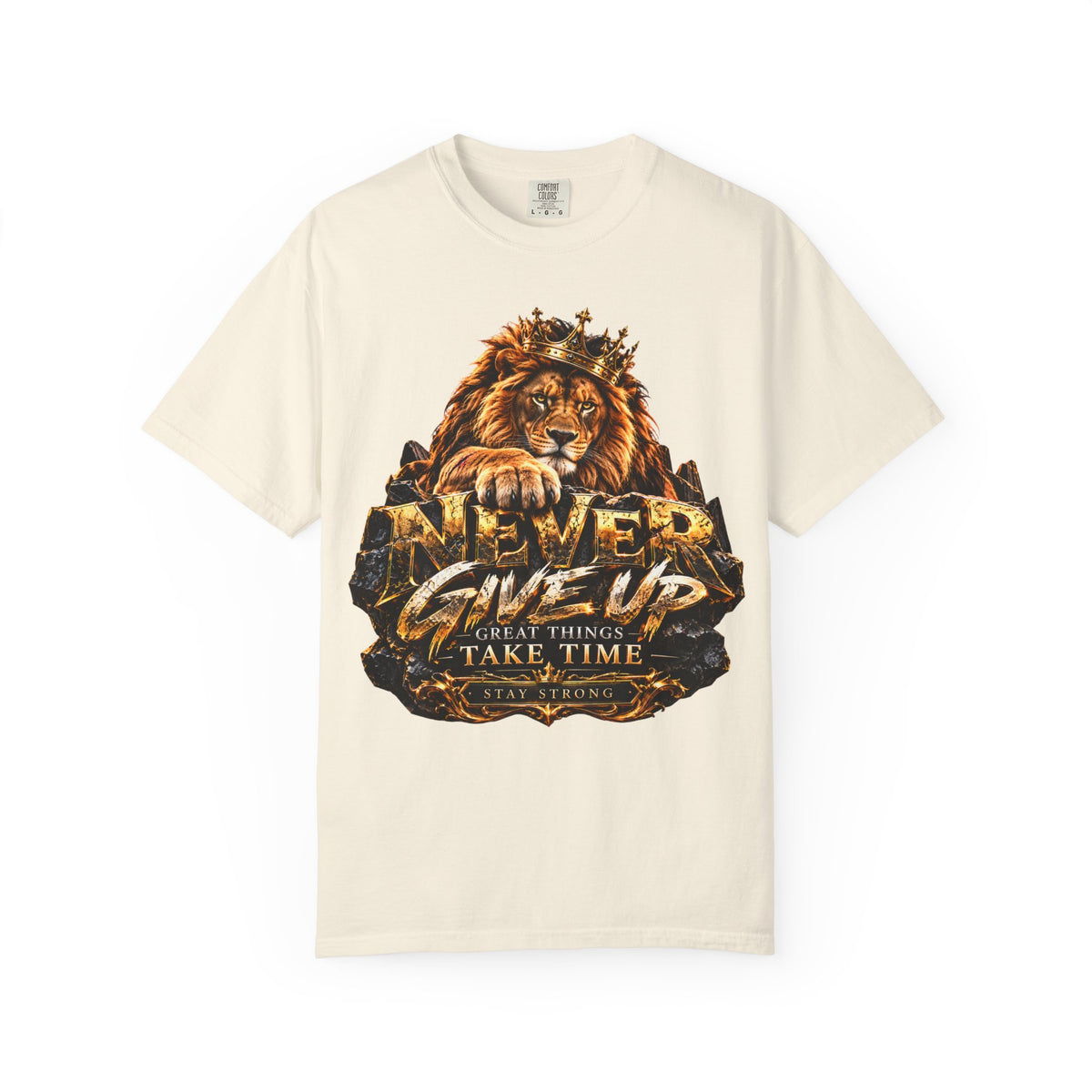 Lion Graphic T-Shirt — "Never Give Up: Great Things Take Time" Motivational Tee
