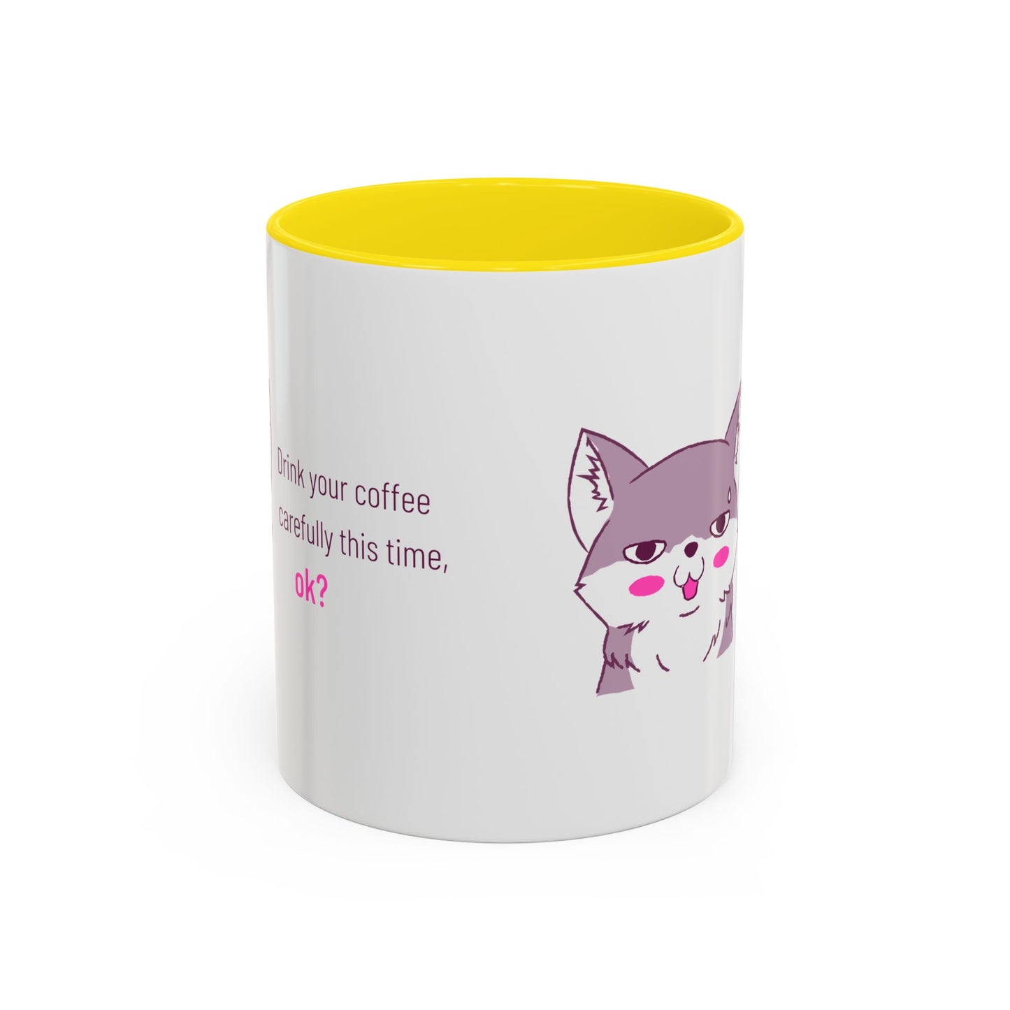 Accent Coffee Mug — Cute Shy Fox Design "Drink your coffee carefully this time, ok?"