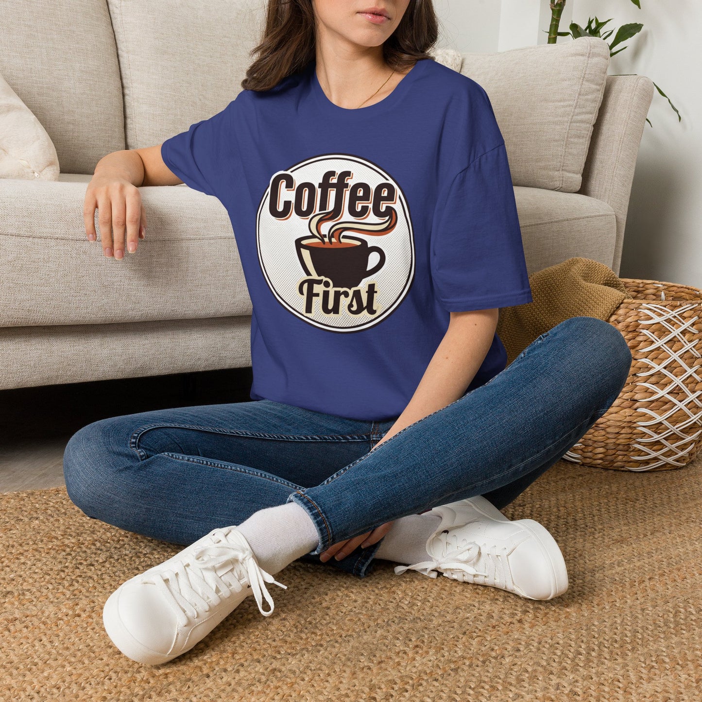 Coffee First T-Shirt — Retro Coffee Cup Graphic Tee for Coffee Lovers