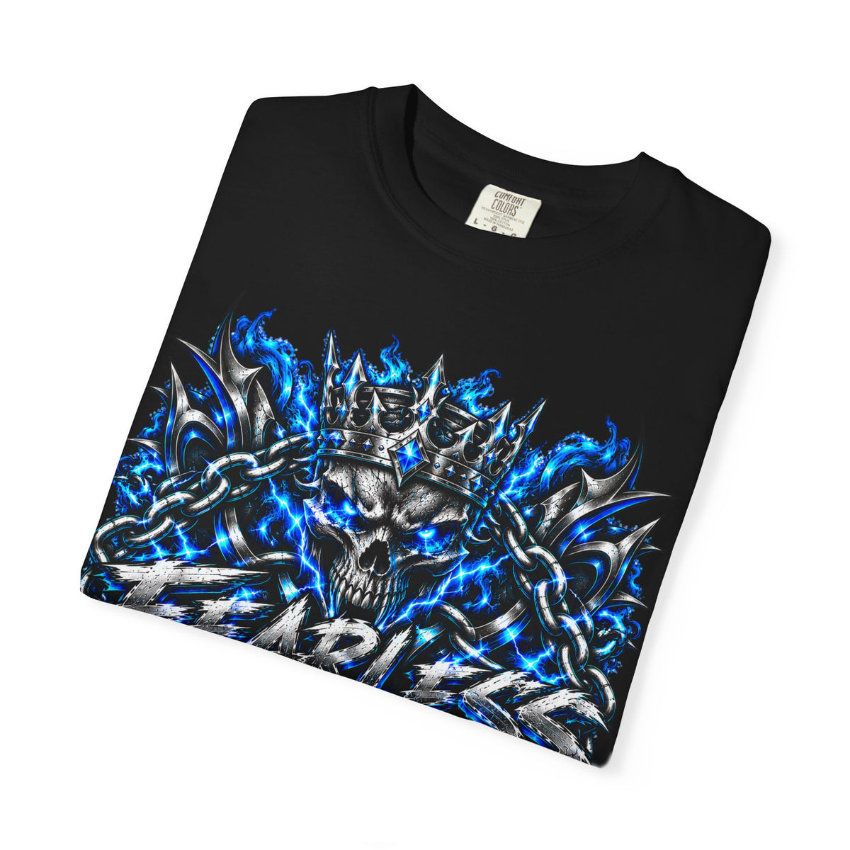 Skull Throne Graphic T-Shirt — Blue Lightning Heavy Metal Tee