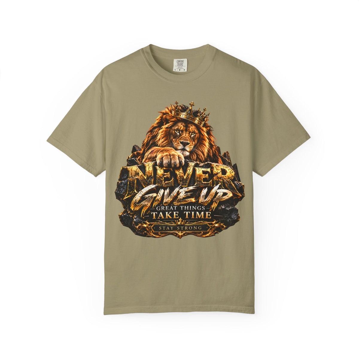 Lion Graphic T-Shirt — "Never Give Up: Great Things Take Time" Motivational Tee