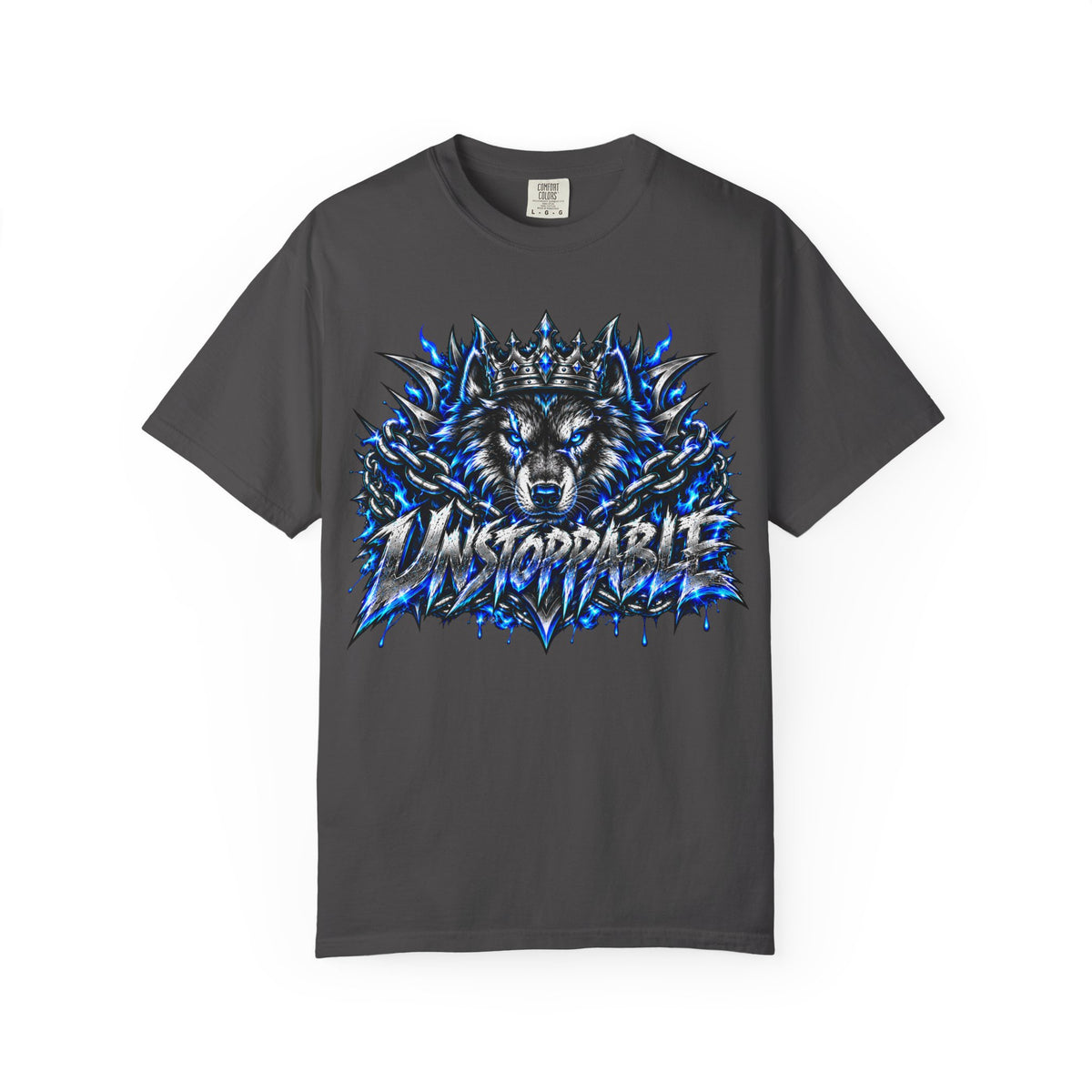 Wolf 'Unstoppable' Graphic Tee — Bold Blue Crowned Wolf Shirt
