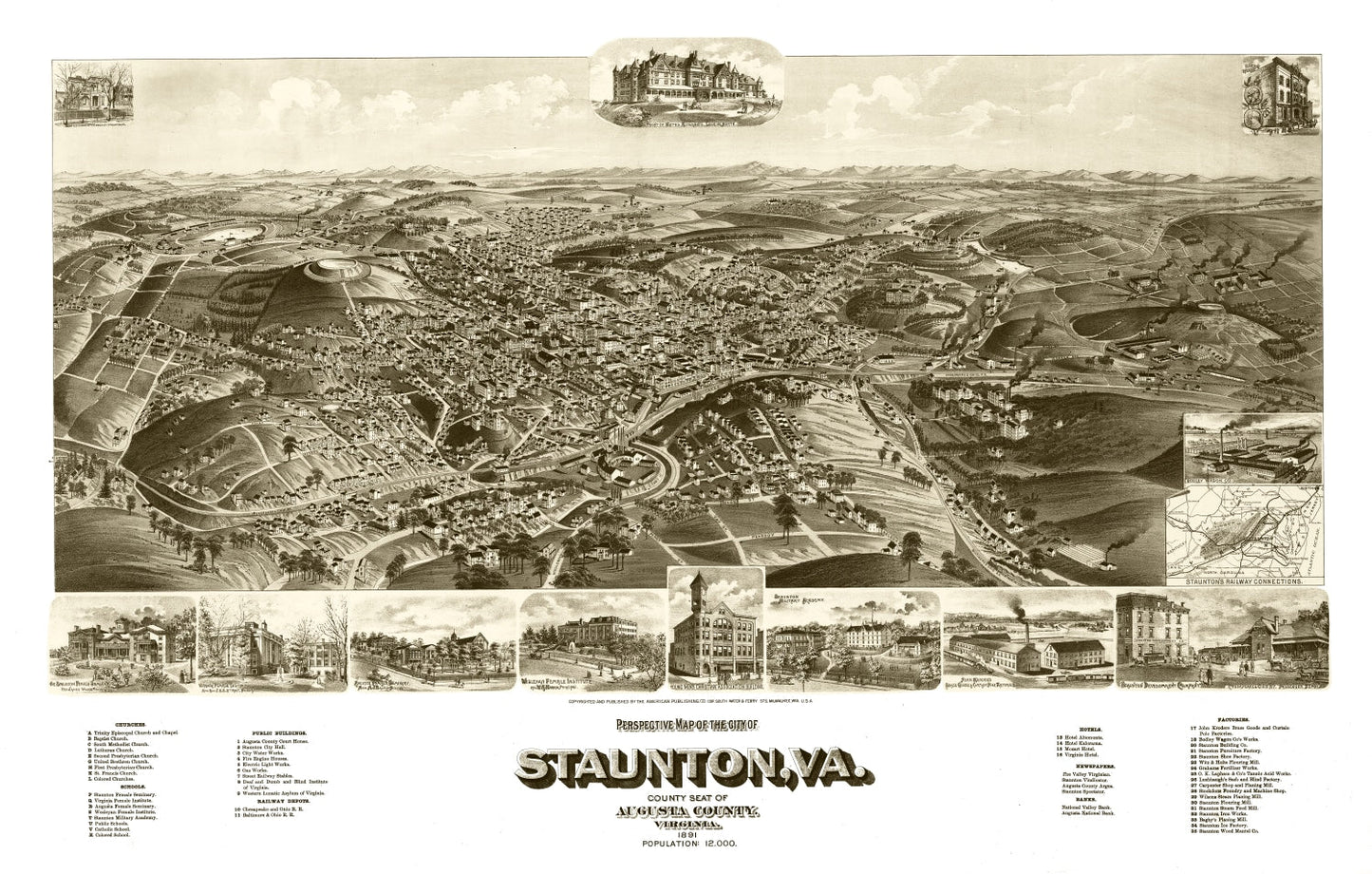 Vintage Map of Staunton, Virginia 1891