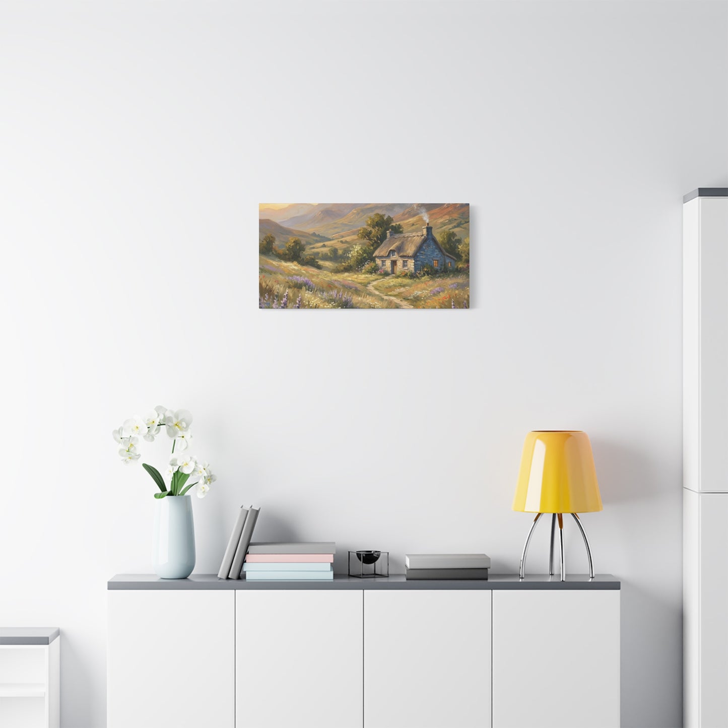 Countryside Cottage Canvas Wall Art — Tranquil Rustic Landscape Print