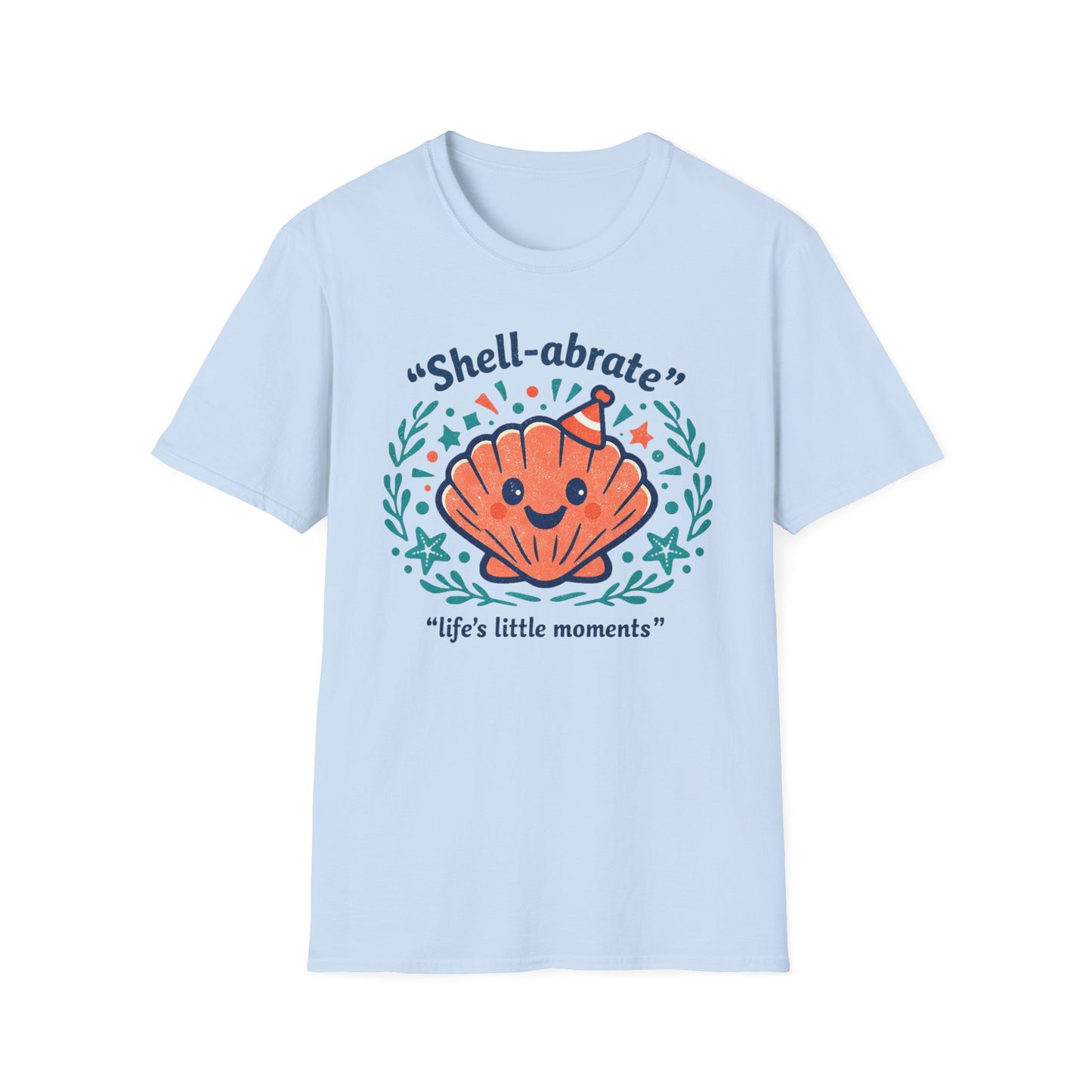 Shell-abrate Happy Seashell T-Shirt — "life's little moments" Cute Beach Graphic Tee