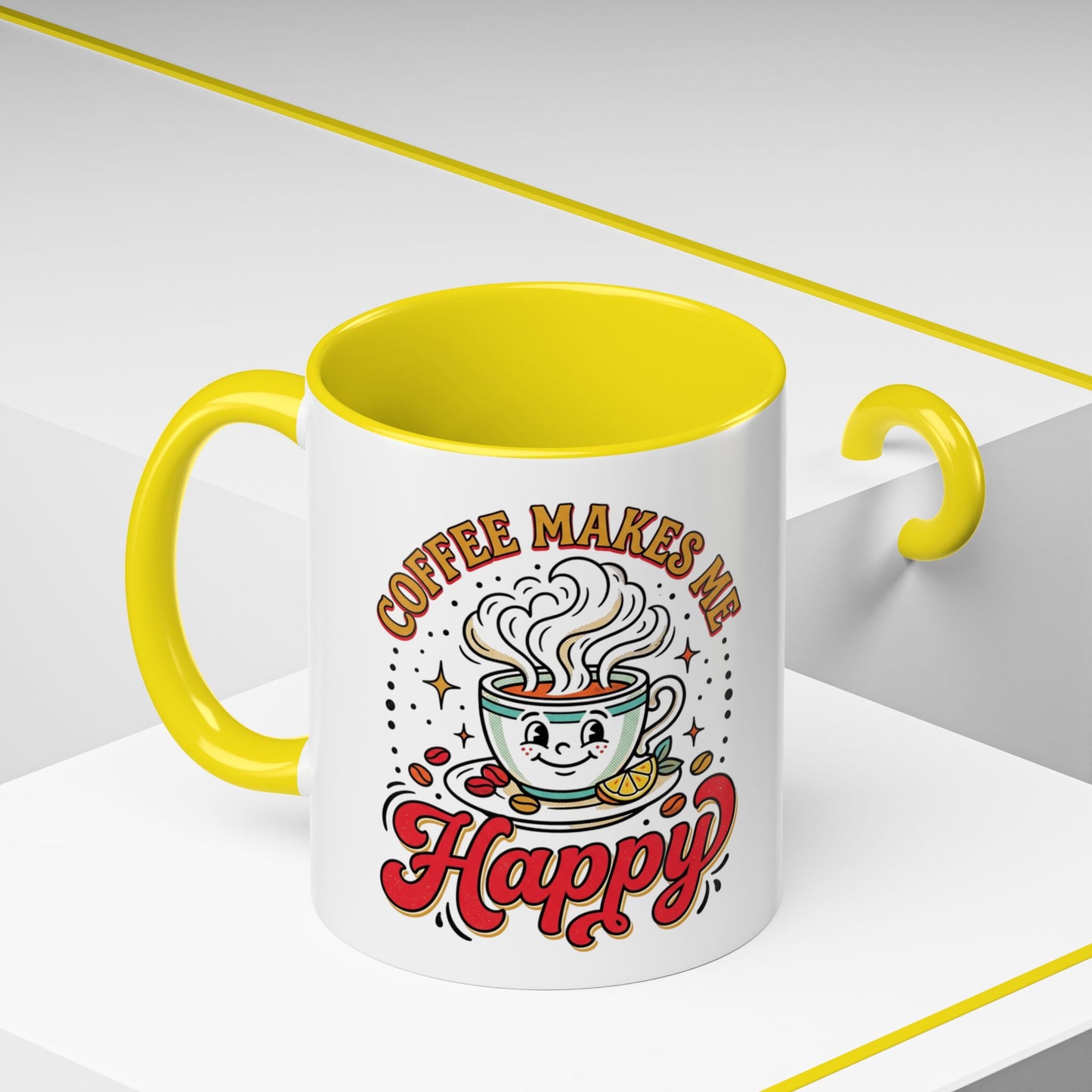 Coffee Mug — "Coffee Makes Me Happy" Cute Retro Accent Mug (11/15oz)