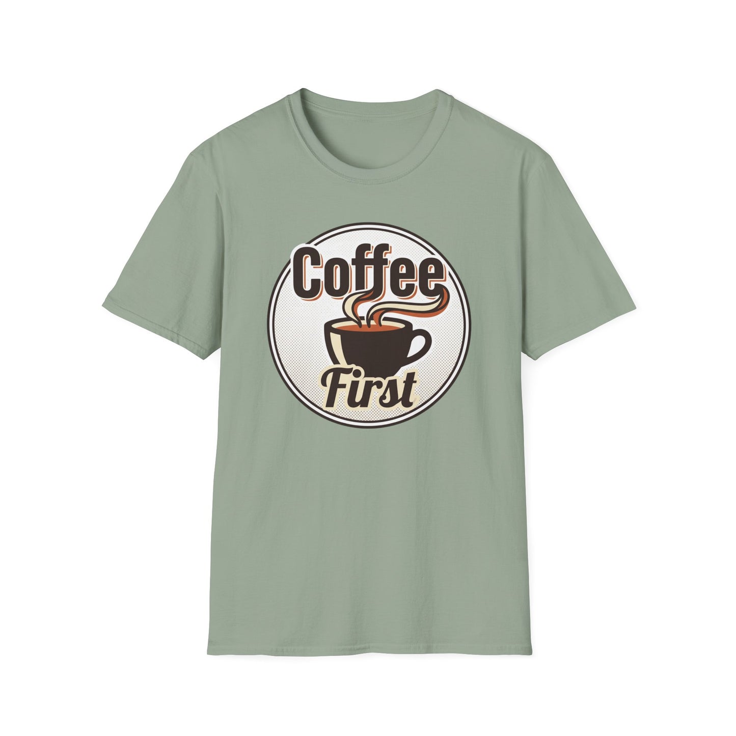 Coffee First T-Shirt — Retro Coffee Cup Graphic Tee for Coffee Lovers