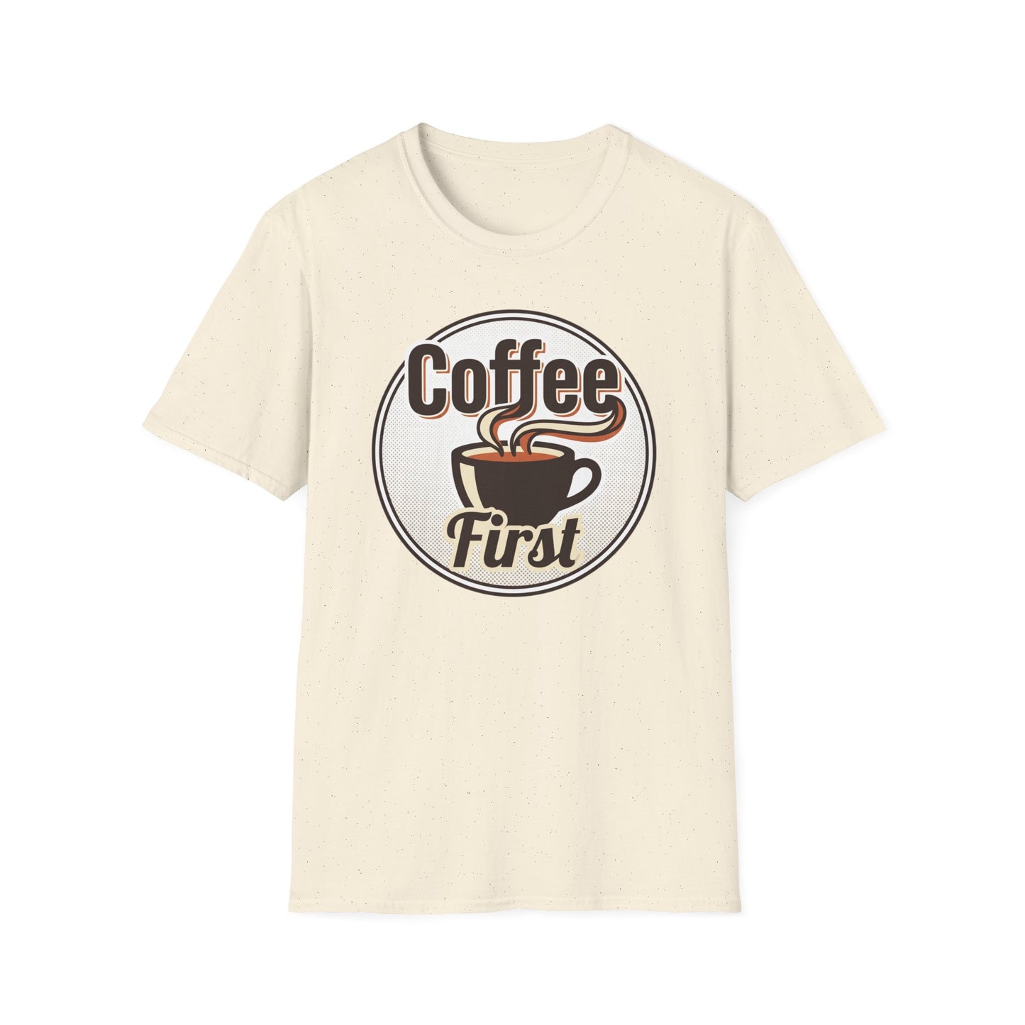 Coffee First T-Shirt — Retro Coffee Cup Graphic Tee for Coffee Lovers