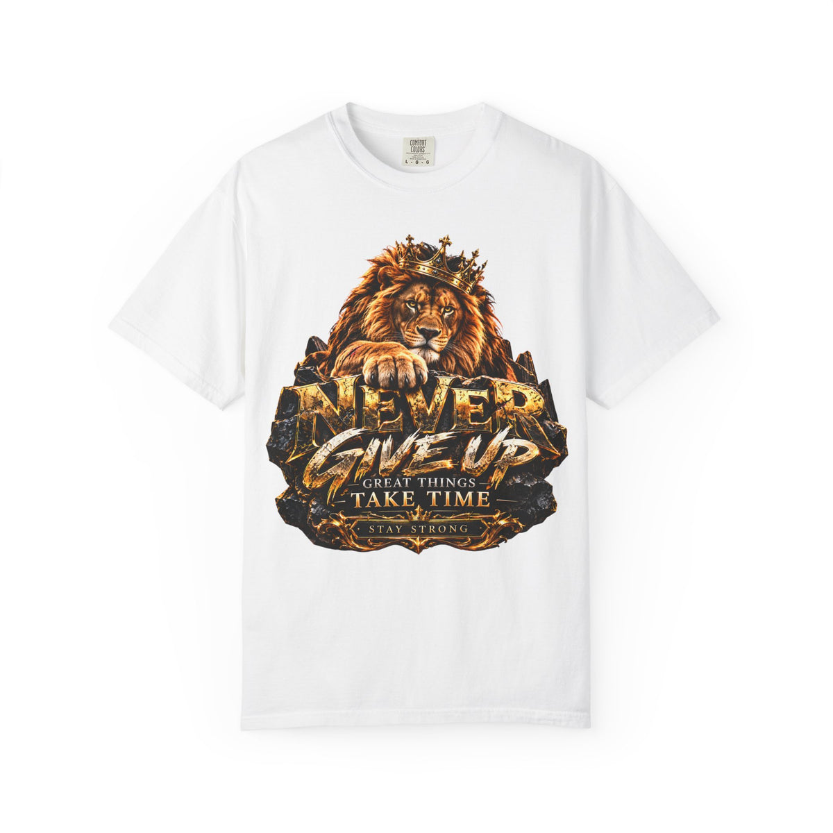 Lion Graphic T-Shirt — "Never Give Up: Great Things Take Time" Motivational Tee
