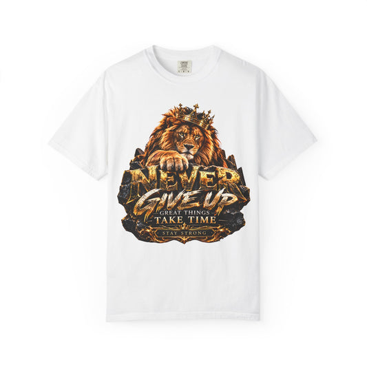 Lion Graphic T-Shirt — "Never Give Up: Great Things Take Time" Motivational Tee