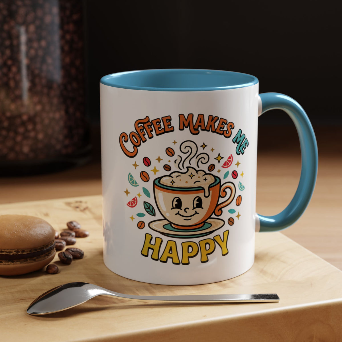 Coffee Mug — "Coffee Makes Me Happy" Cute Retro Accent Mug (11/15oz)