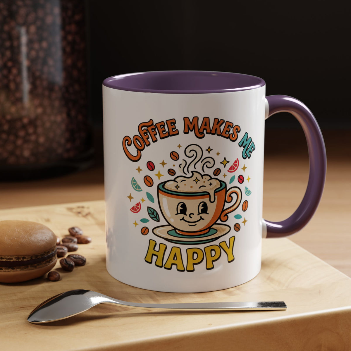 Coffee Mug — "Coffee Makes Me Happy" Cute Retro Accent Mug (11/15oz)