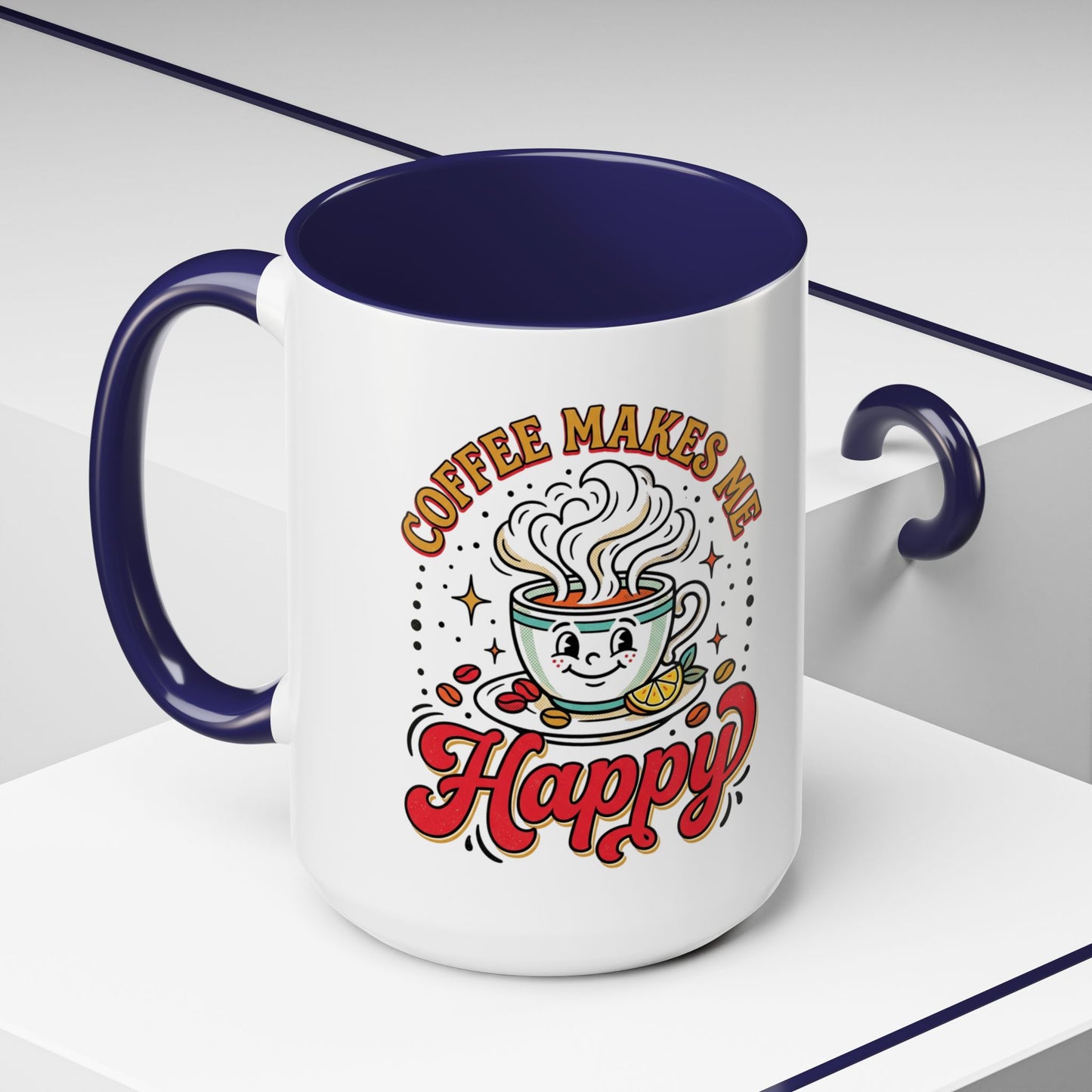 Coffee Mug — "Coffee Makes Me Happy" Cute Retro Accent Mug (11/15oz)