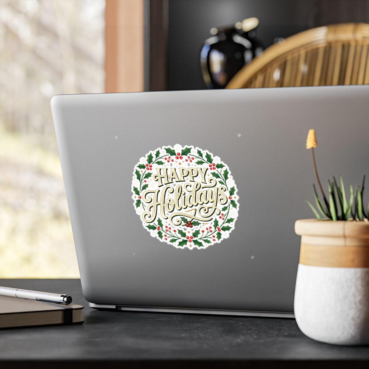 Happy Holidays Holly Wreath Vinyl Decal