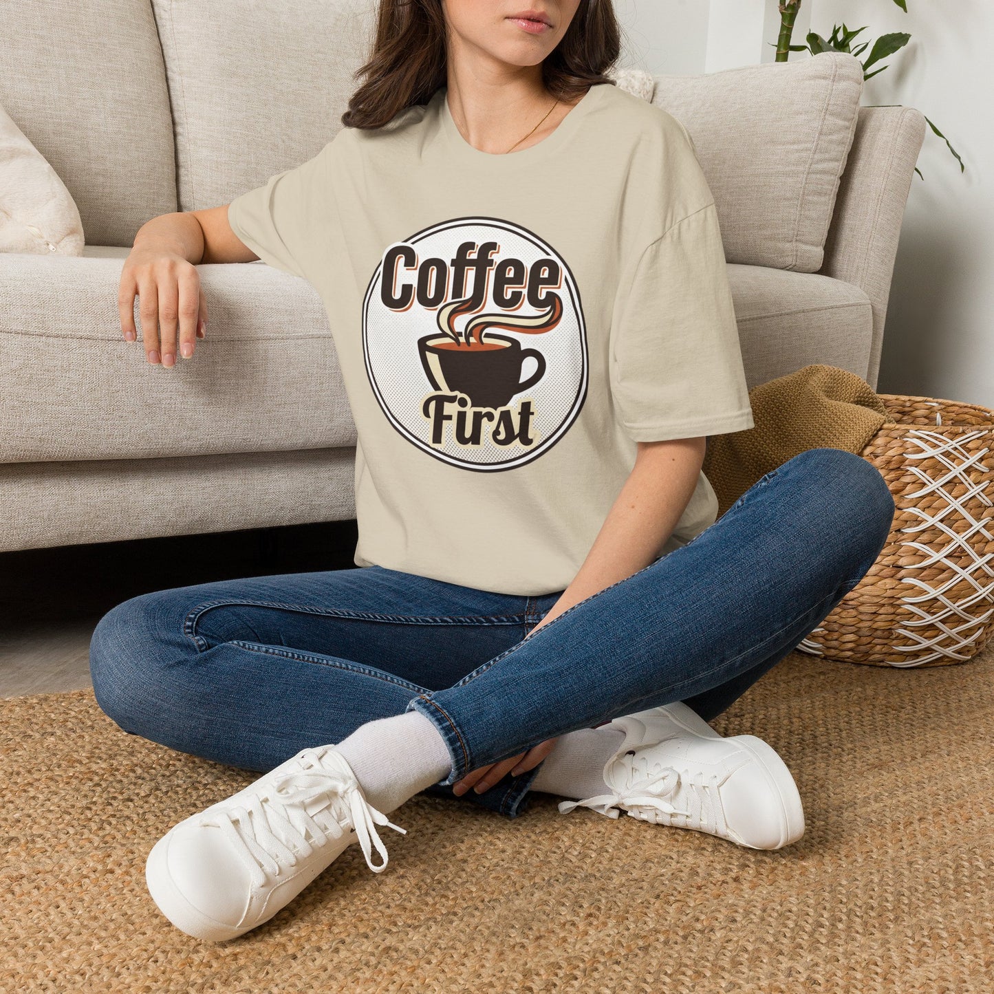 Coffee First T-Shirt — Retro Coffee Cup Graphic Tee for Coffee Lovers
