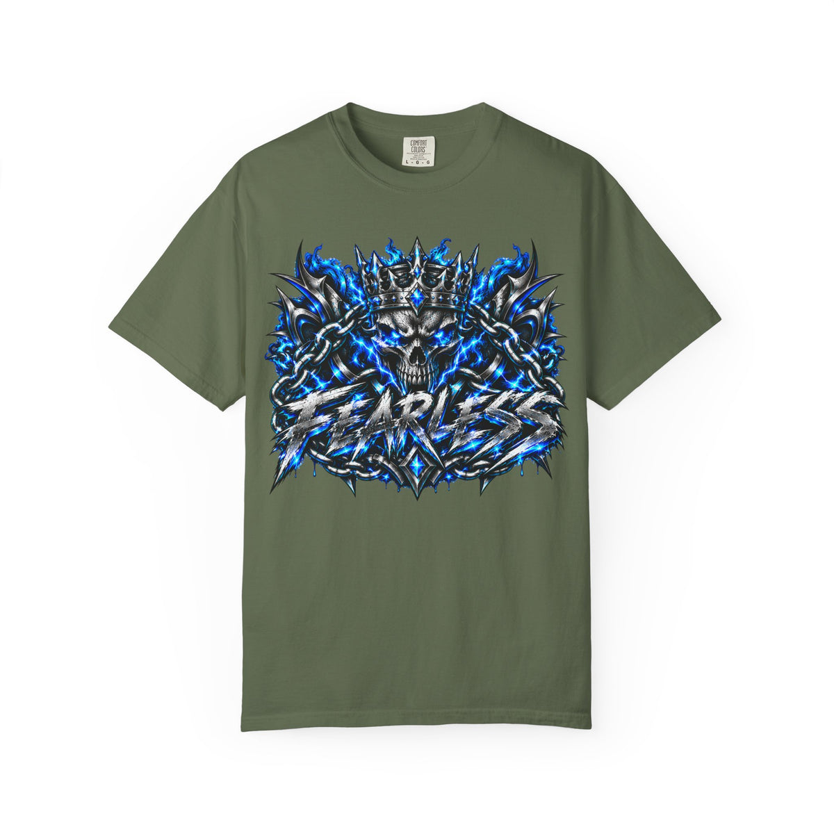 Skull Throne Graphic T-Shirt — Blue Lightning Heavy Metal Tee