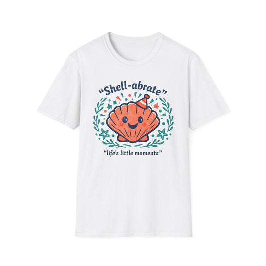 Shell-abrate Happy Seashell T-Shirt — "life's little moments" Cute Beach Graphic Tee