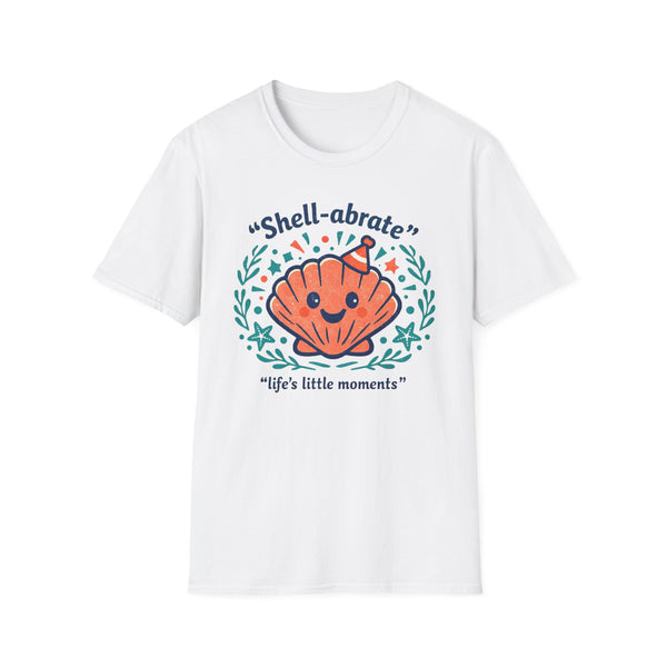 Shell-abrate Happy Seashell T-Shirt — "life's little moments" Cute Beach Graphic Tee