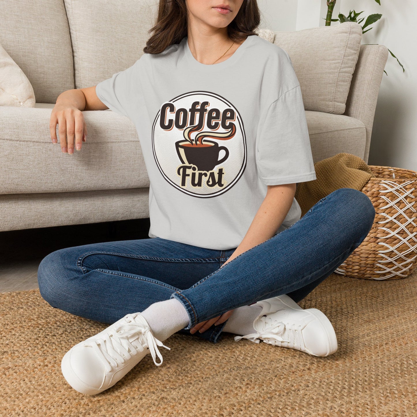 Coffee First T-Shirt — Retro Coffee Cup Graphic Tee for Coffee Lovers
