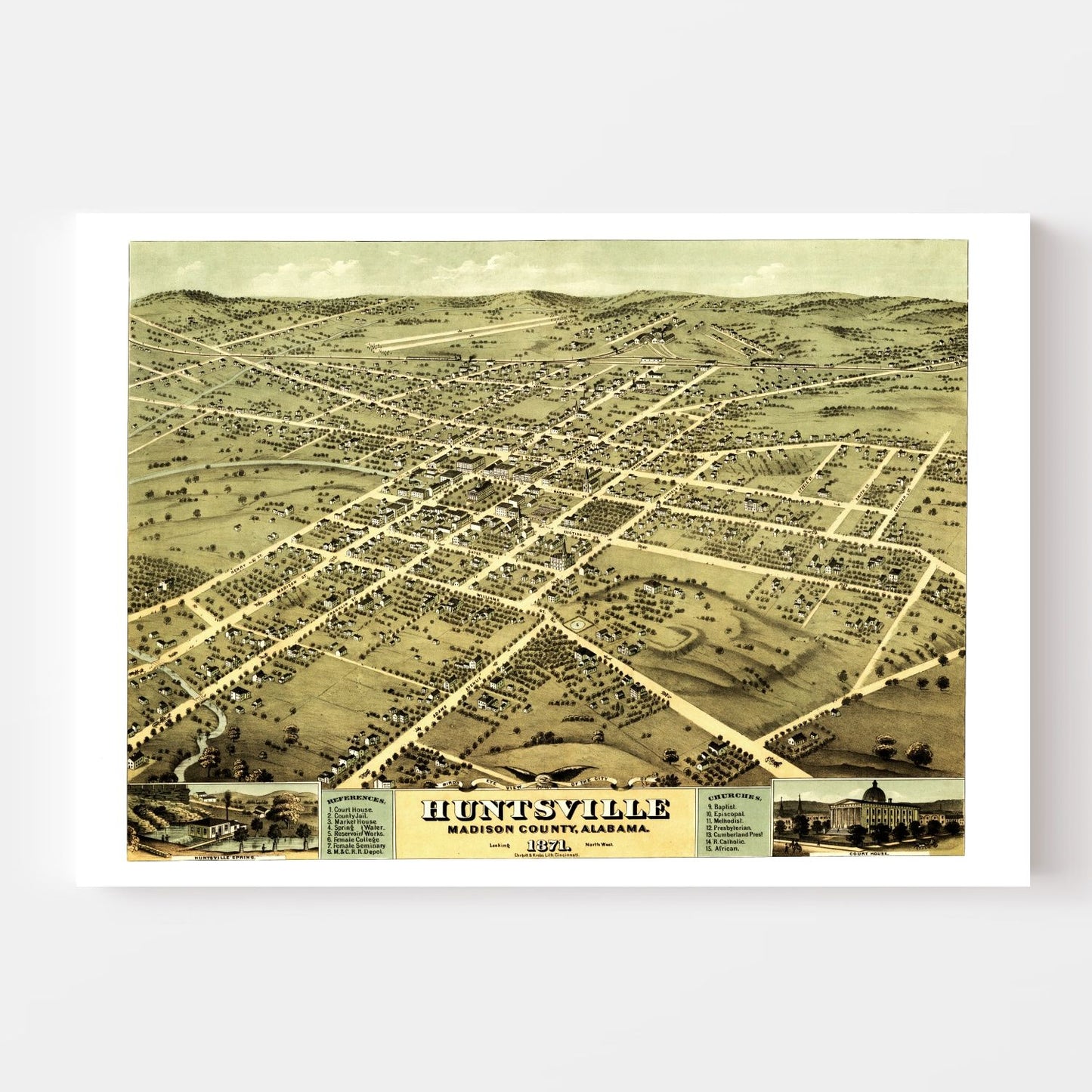 Vintage Map of Huntsville, Alabama 1871