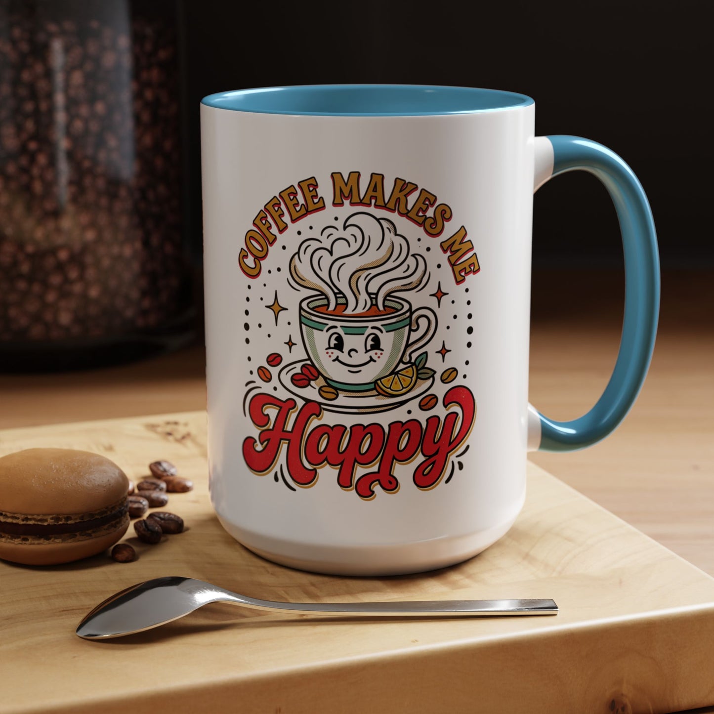 Coffee Mug — "Coffee Makes Me Happy" Cute Retro Accent Mug (11/15oz)