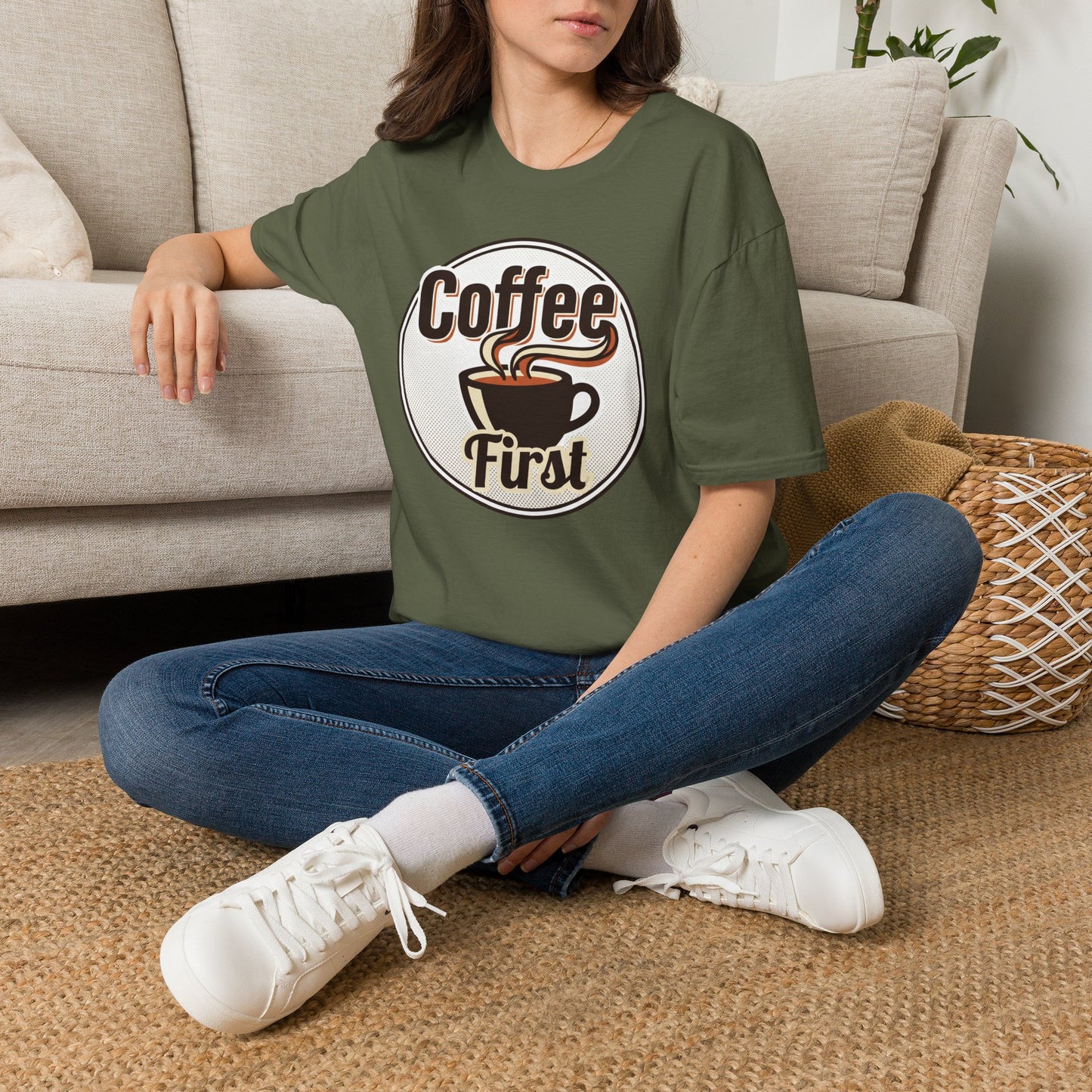 Coffee First T-Shirt — Retro Coffee Cup Graphic Tee for Coffee Lovers