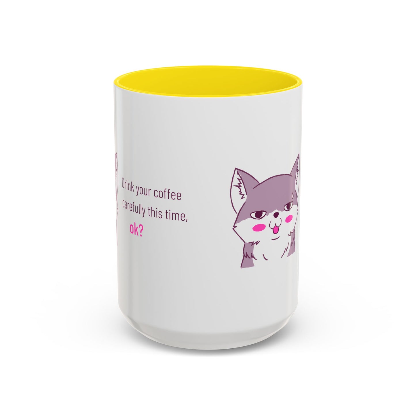 Accent Coffee Mug — Cute Shy Fox Design "Drink your coffee carefully this time, ok?"