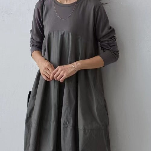 Women's Round-Neck Long-Sleeve Patchwork Maxi Dress