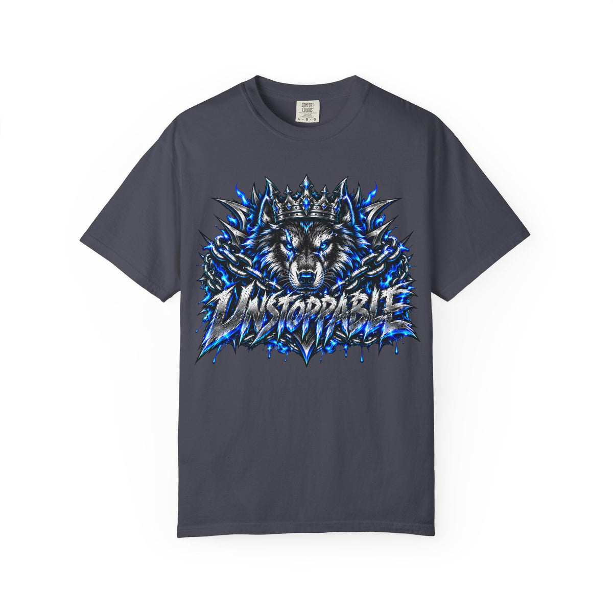 Wolf 'Unstoppable' Graphic Tee — Bold Blue Crowned Wolf Shirt