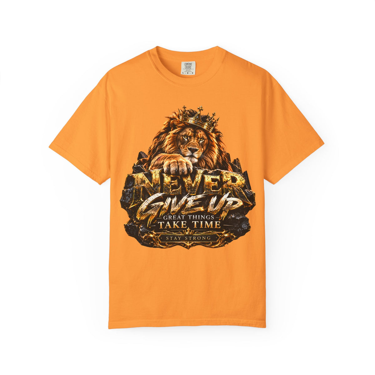 Lion Graphic T-Shirt — "Never Give Up: Great Things Take Time" Motivational Tee