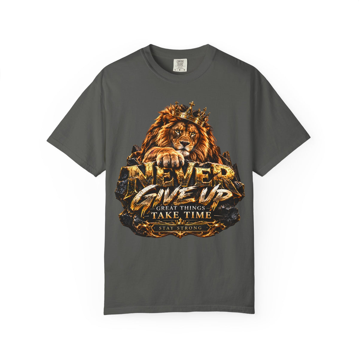 Lion Graphic T-Shirt — "Never Give Up: Great Things Take Time" Motivational Tee