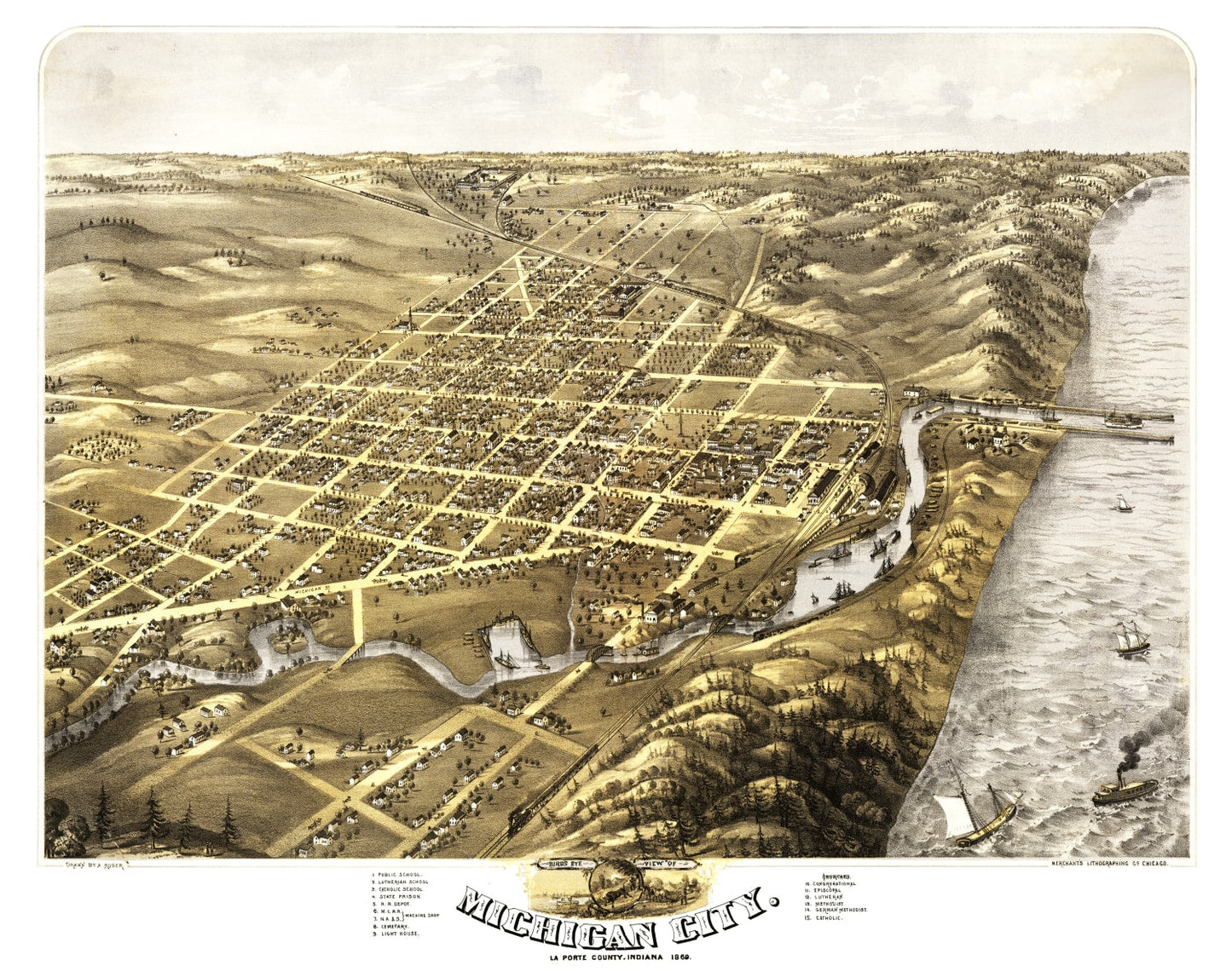 Vintage Map of Michigan City, Indiana 1869