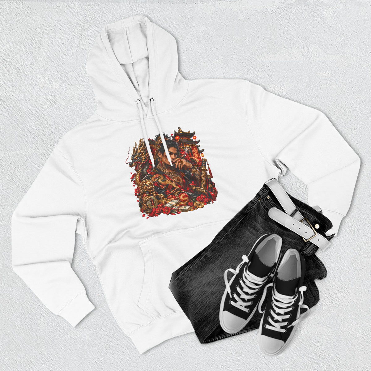 Dragon Battle Hoodie — Three-Panel Fleece Hooded Sweatshirt with Fiery Fantasy Artwork