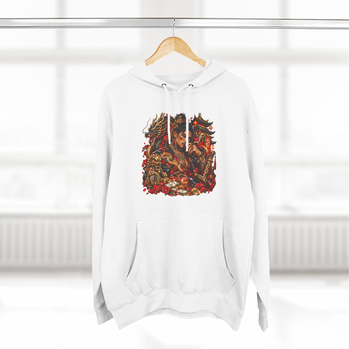 Dragon Battle Hoodie — Three-Panel Fleece Hooded Sweatshirt with Fiery Fantasy Artwork