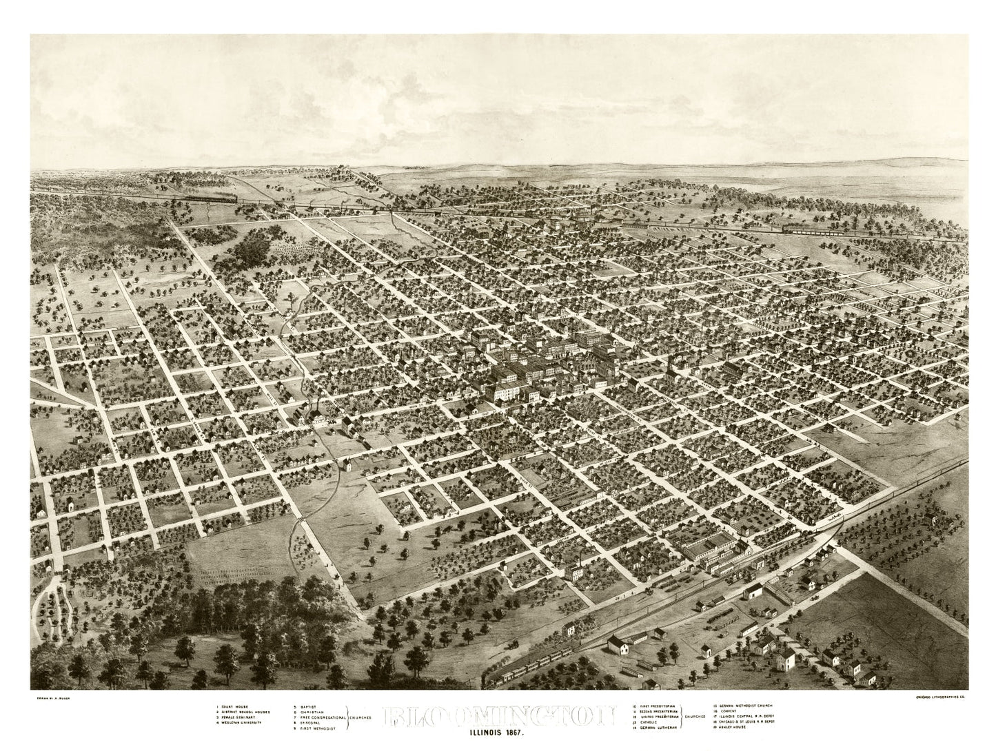 Vintage Map of Bloomington, Illinois 1867