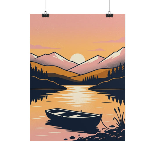 Sunset Lake Boat Poster — Scenic Mountain Landscape Wall Art