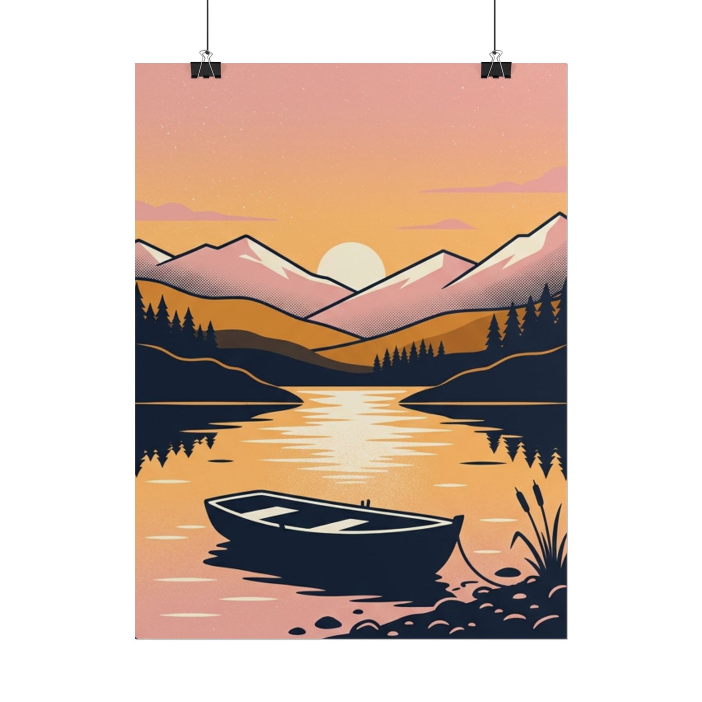 Sunset Lake Boat Poster — Scenic Mountain Landscape Wall Art