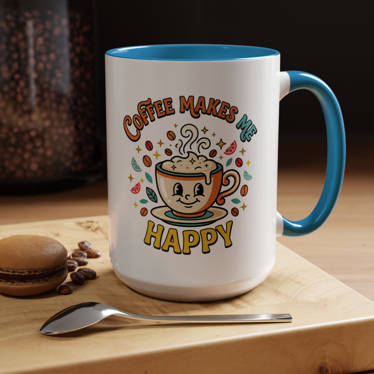Coffee Mug — "Coffee Makes Me Happy" Cute Retro Accent Mug (11/15oz)