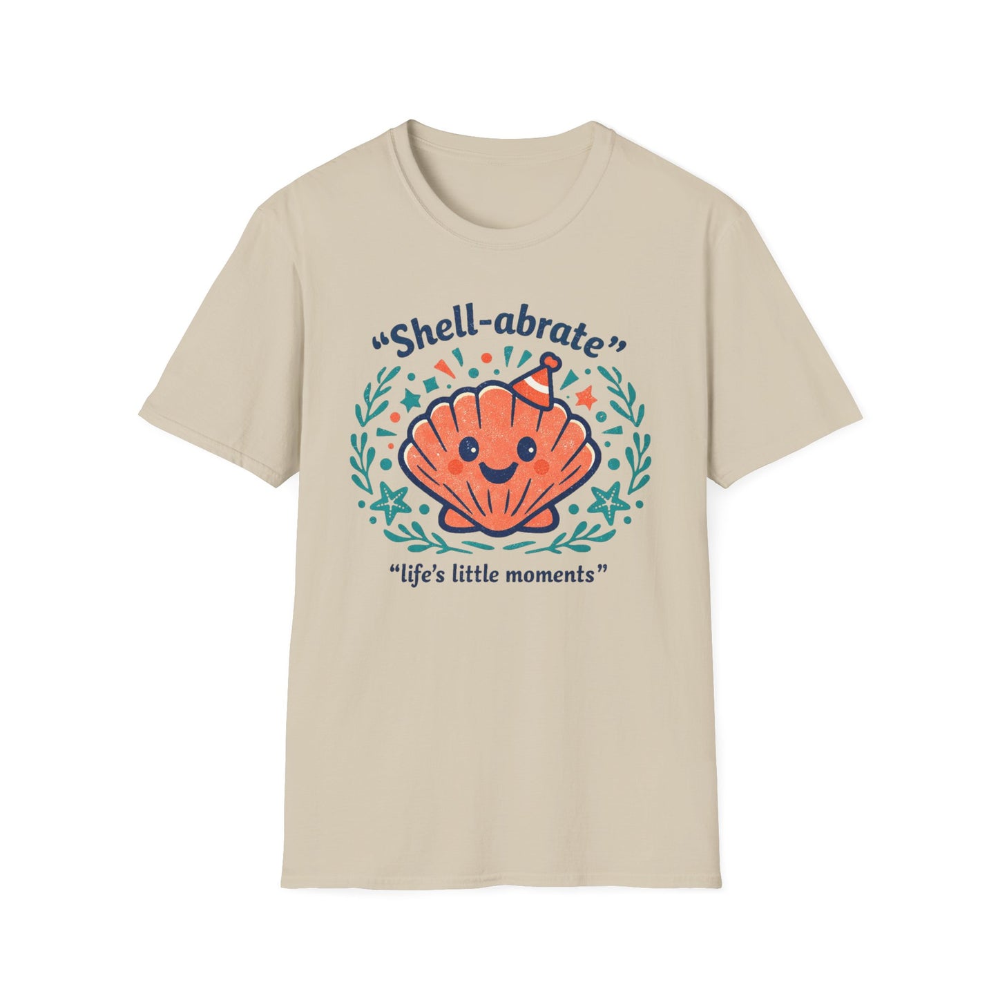 Shell-abrate Happy Seashell T-Shirt — "life's little moments" Cute Beach Graphic Tee